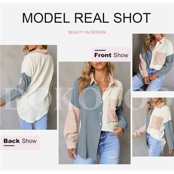 Women's Color Block Button Down Shirts Long Sleeve Polo Oversized‎ Blouses Tops - Picture 5 of 5